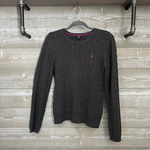Nautica | Women’s Classic Cable Knit Crew Sweater Dark Gray Size Medium - Picture 7 of 7